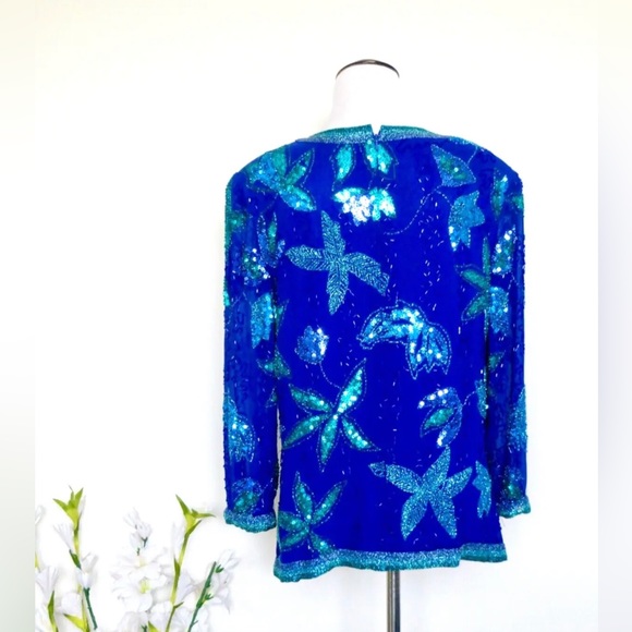 Vintage Jacqueline Ferrar 100% Silk Beaded Sequin Floral Blouse Blue Size 14 - Picture 3 of 7